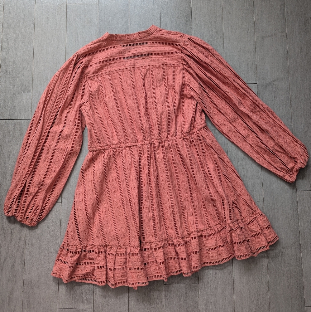 Forever That Girl Anthropologie mini dress Pink Coral Eyelet Long Sleeves Medium - Picture 9 of 11